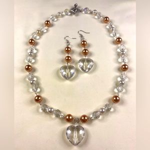 Pearls & Glass Beads, Silver Clasp, Heart Glass Charms Jewelry Set